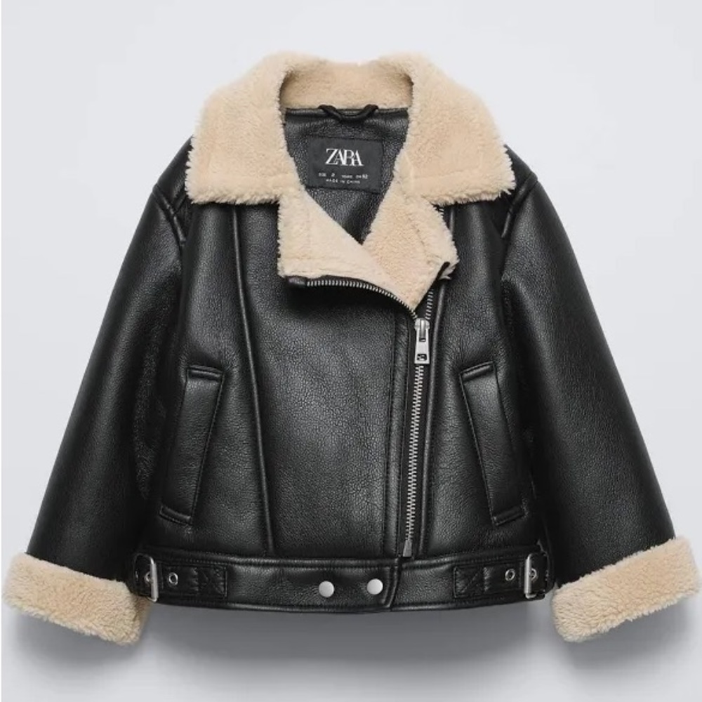 Zara Black and Cream faux leather Jacket with Plush Collar